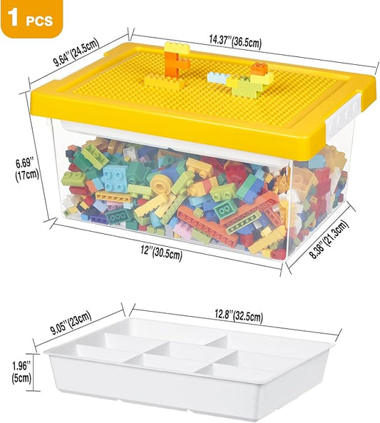 loobuu Plastic Storage Bins with Lids - 1 Set Stackable Arts Crafts Organizer Box with Removable Divided Tray &Compatible Building Baseplate,Toy Chest Containers for Bricks-Yellow(14.37"x9.64"x6.69")