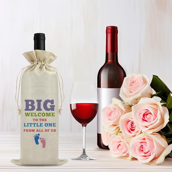 Welcome Baby Wine Bag New Baby Birth Gift for Friends Sister Baby Announcement Gift for Mom Dad Baby Girl Baby Boy Gift Drawstring Wine Wrapping Bag Baby Shower Decors Reusable Burlap Wine Gift Bag
