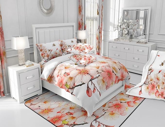 Feelyou Peach Blossom Shower Curtain Boys Girls Flower Floral Fabric Shower Curtain for Kids Honey Bathroom Waterproof Accessories with 12 Hooks Pink Curtains,72x84 Inches