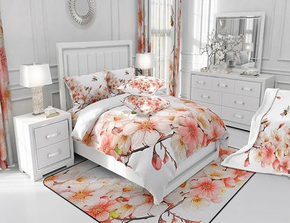 Feelyou Peach Blossom Shower Curtain Boys Girls Flower Floral Fabric Shower Curtain for Kids Honey Bathroom Waterproof Accessories with 12 Hooks Pink Curtains,72x84 Inches