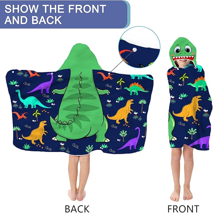 Dinosaur Beach Towel, Dinosaur Towel for Kids with Hood T-rex Hooded Towel for Boys 30x50 Cool Cartoon Microfiber Bath Towel Poncho Bathrobe for Swin Pool Cover Up, Green Blue Dinosaur Birthday Gifts