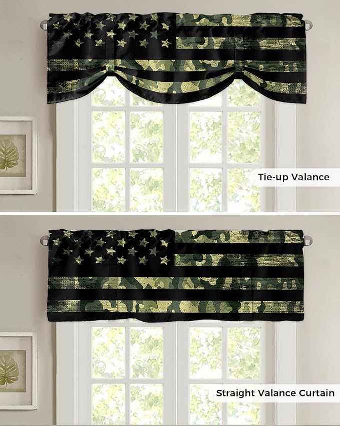 Rustic Green Camo Military Pattern American Flag Blackout Tie Up Valance Curtains for Kitchen Windows Camouflage Window Toppers Balloon Shades for Living Room/Bathroom/Bedroom,1 Panel,54" X 18"