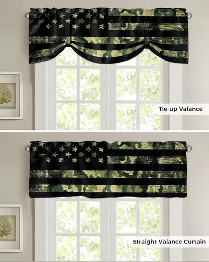 Rustic Green Camo Military Pattern American Flag Blackout Tie Up Valance Curtains for Kitchen Windows Camouflage Window Toppers Balloon Shades for Living Room/Bathroom/Bedroom,1 Panel,54" X 18"