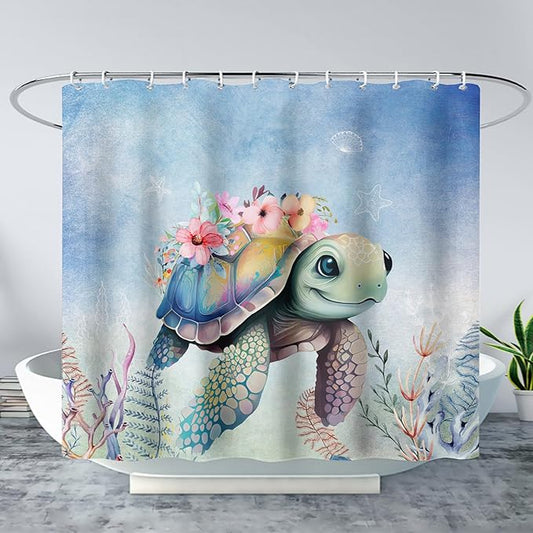 AILONEN Sea Turtle Shower Curtain,Kawaii Sea Turtle Bath Curtain Cloth Fabric Bathroom 48" W*72" H Inch,12 Pack Hooks for Kids,Ocean Animal Themed Bathroom Curtain
