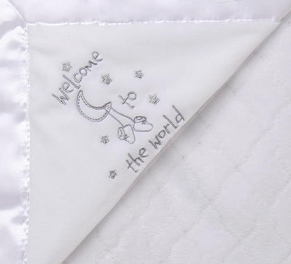 Little Me 2-Ply Baby Blanket with Welcome to The World Embroidery and Satin, (White, 30 in. x 40 in.)