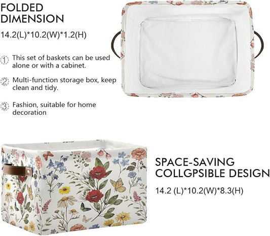 Vintage Wildflower Floral Storage Basket Bin for Shelves Closet Butterfly Rose Foldable Fabric Storage Box Cube with Handles Kids Gift Toy Shelf Basket Organizer for Bedroom Nursery Home Decor