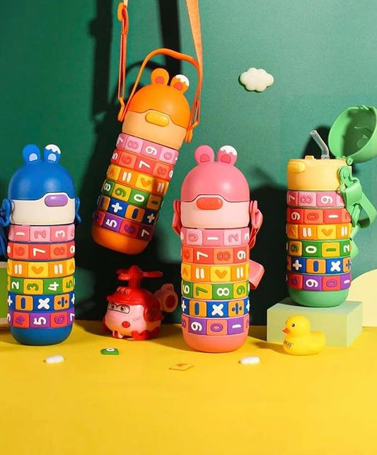 Kids Premium 14 oz Math Water Bottle with Silicone Spout, Leak-Proof Locking Flip Lid, Carrying Strap, Educational, Fun, Learning, Puzzle, Insulated, Stainless Steel Thermos, Sensory, Fidget. (Green)