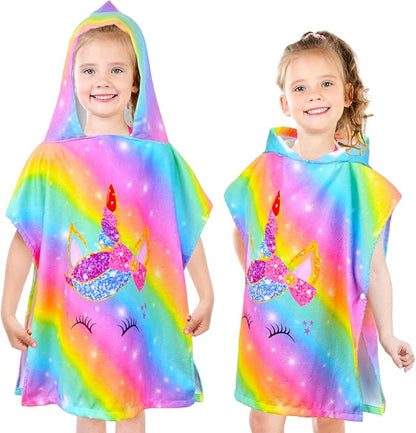Bath Beach Pool Towel with Hood for Kids Girls, Hooded Towels Swim Poncho Towel Cover-ups for 3-8 Years with Drawstring Bag, Super Absorbent, 24 in x24 in (Rainbow Unicorn)