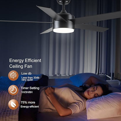 52 inch Black Ceiling Fans with Lights and Remote Control, LED Ceiling Fan Dimmable 3-Color Temperatures 6-Speed, Quiet Modern Ceiling Fan for Bedroom, Living Room, Dining Room