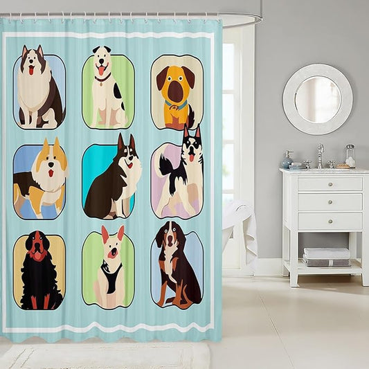 Feelyou Dog Shower Curtain Cartoon Dog Bath Curtain for Kids Toddler Boys Girls Cute Dog Bathroom Shower Curtain Set Sausage Dog Kids Bathroom Accessories 72"x72"