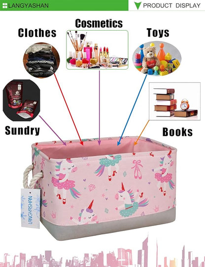 LANGYASHAN Rectangular Storage Bin Collapse Canvas Fabric Cartoon Storage Basket with Handles for Organizing Home Kitchen Boys and Girls Toys Office Closet Shelf Baskets(Rec Pink Dancing Unicorn)