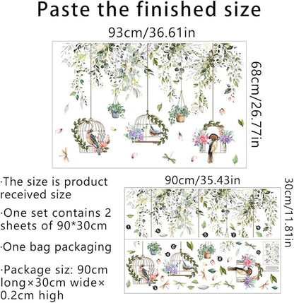 Vine Bird Wall Decals Green Plant Birdcage Wall Stickers Birds and Hanging Birdcage Wall Decor for Kids Girls Baby Boys Bedroom Living Room Bathroom Playroom Classroom Nursery Decoration