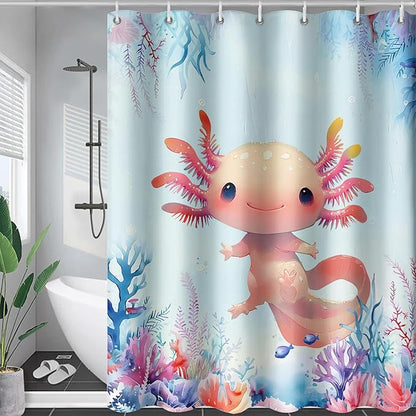 AILONEN Axolotl Shower Curtain for Bathroom,Watercolor Axolotl Coral Bath Curtain for Kids Girls,Ocean Animal Salamander Blue Shower Curtain Decoration Waterproof with 12 Plastic Hooks, 48" W*72" H