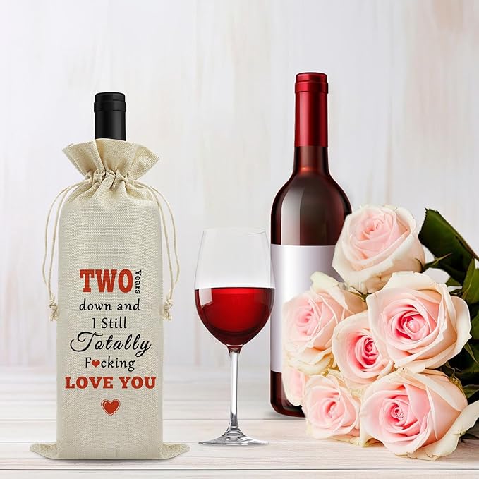2nd Anniversary Marriage Gift for Couple Wine Bag 2 Years Anniversary Wedding Gift for Wife Husband Wine Gift Bag Two Anniversary Valentine Birthday Christmas Gift Drawstring Wine Wrapping Bag
