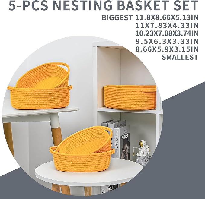 CubesLand Small Shelf Shelves Closet Basket,Woven Toy Basket Bin for Organizing,Storage Cube Organizer Basket Bin,Cute Rope Gift Basket,Back Shool Supplies,Over Toilet Storage Basket,Yellow 5-Piece