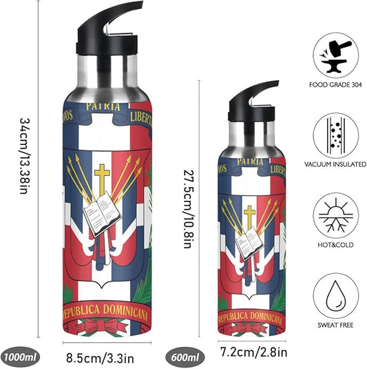 Dominican Republic Flag Sports Water Bottle, Double Wall Vacuum Insulated Stainless Steel Water Bottle with Straw Keeps Hot and Cold, Bike Running Sports Travel Gym 20oz