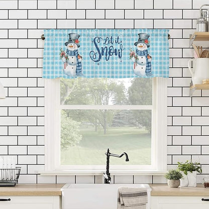 Snowman Christmas Valance Curtains for Kitchen Windows Let It Snow Winter Holiday Rod Pocket Window Treatment Toppers for Kitchen/Living Room/Bedroom/Bathroom, 42" X 18", Blue White Buffalo Plaid