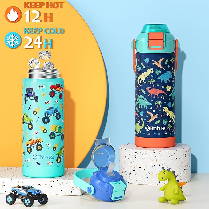 Kids Insulated Water Bottle with Pop-Open Straw & Spout 2-in-1 Lid, 18oz Leak Proof 18/8 Stainless Steel Vacuum Tumbler, BPA-Free Kids Cup For Travel School Boys Girls
