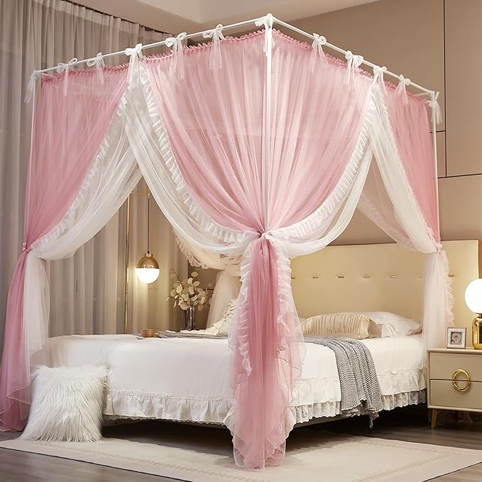 4 Corners Post Princess Curtain Bed Canopy Lace Up Double Layer 4 Opening Mosquito Net Mesh for Girls Bedroom Decoration(Pink/White, 59" W*82" L*82" H/Queen)