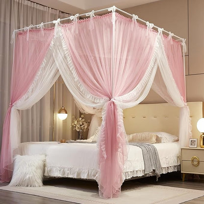 4 Corners Post Princess Curtain Bed Canopy Lace Up Double Layer 4 Opening Mosquito Net Mesh for Girls Bedroom Decoration(Pink/White, 59" W*82" L*82" H/Queen)