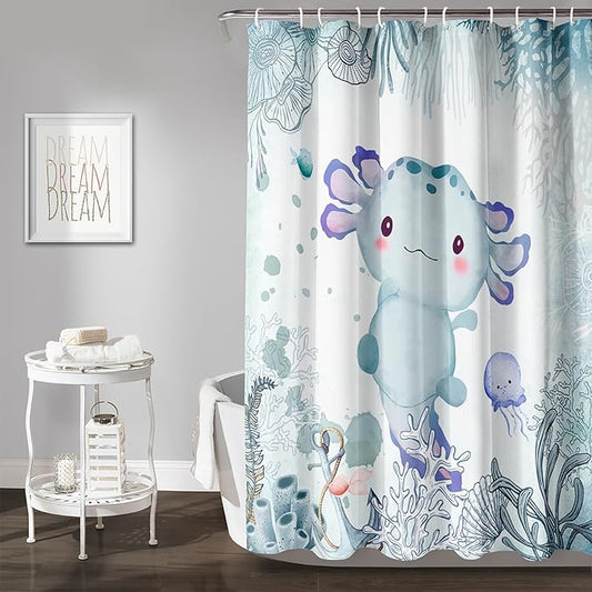AILONEN Cute Axolotl Shower Curtain for Bathroom Teal Blue Ocean Beach Coastal Bath Curtain Decor 60" W*72" H Polyester Fabric Waterproof Bathroom Curtain with 12 Hooks