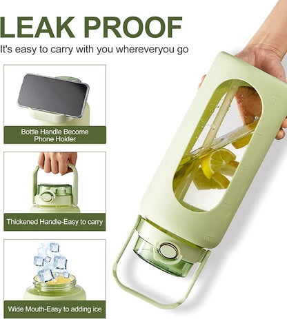 TKK 64 OZ Glass Water Bottle with Straw and Handle Half Gallon Bottle with Silicon Sleeve 2L Sports Water Bottles for Fitness, Gym, Workout - Light Green
