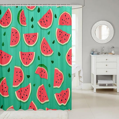 Feelyou Watermelon Shower Curtain Cartoon Watermelon Fabric Shower Curtain for Kids Boys Girls Fruit Bathroom Waterproof Accessories with 12 Hooks Red Green Curtains,72x84 Inches