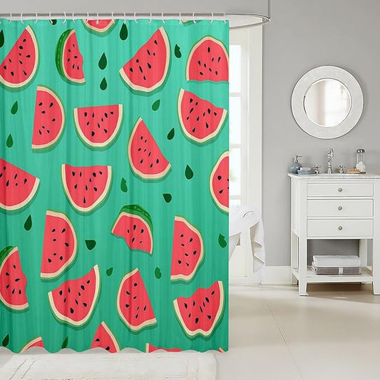 Feelyou Watermelon Shower Curtain Cartoon Watermelon Fabric Shower Curtain for Kids Boys Girls Fruit Bathroom Waterproof Accessories with 12 Hooks Red Green Curtains,72x84 Inches