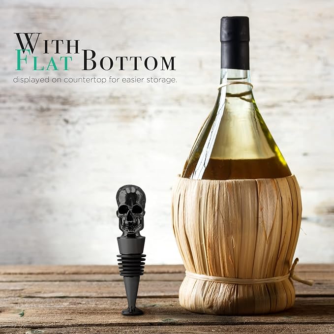 Homestia Wine Bottle Stoppers for Glass Bottles, Skull Bottle Stopper Reusable Wine Corks Black Wine Tool, Zinc-Alloy Silicone Wine Stoppers, Wine Toppers with Decors