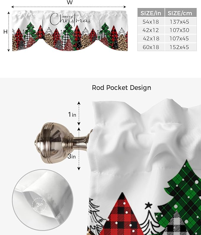 Merry Christmas Blackout Tie Up Valance Curtains for Kitchen Windows Buffalo Plaid Xmas Tree Winter Forest Farmhouse Window Toppers Balloon Shades for Living Room/Bath/Bedroom, 42" X 18", Red Green