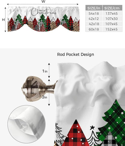 Merry Christmas Blackout Tie Up Valance Curtains for Kitchen Windows Buffalo Plaid Xmas Tree Winter Forest Farmhouse Window Toppers Balloon Shades for Living Room/Bath/Bedroom, 42" X 18", Red Green