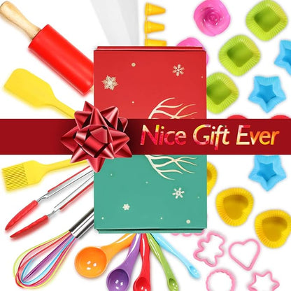 Kids Cooking and Baking Set 40 Pcs with Gift Box, Real Kitchen Utensils Kit for Children Toddlers Teens, Gift for Girls&Boys, Nonstick Rolling Pin Silicone Pastry Mat Cupcake Molds