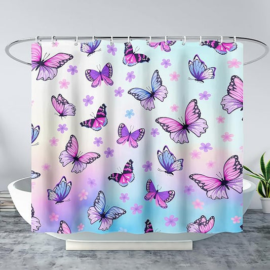 AILONEN Pink Butterfly Girls Shower Curtain for Bathroom Decor,Beautiful Floral Butterfly Women Butterfly Bath Curtain 48" W*72" H Polyester Waterproof Bathroom Curtain with 12 Hooks