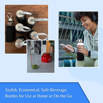 SureSave Glass Water Bottles with Stainless Steel Lids and Sleeves | 16 Oz Reusable Glass Bottles with Carrying Loop for Eco-Friendly Travel Drinks and Beverages (6 Pack)