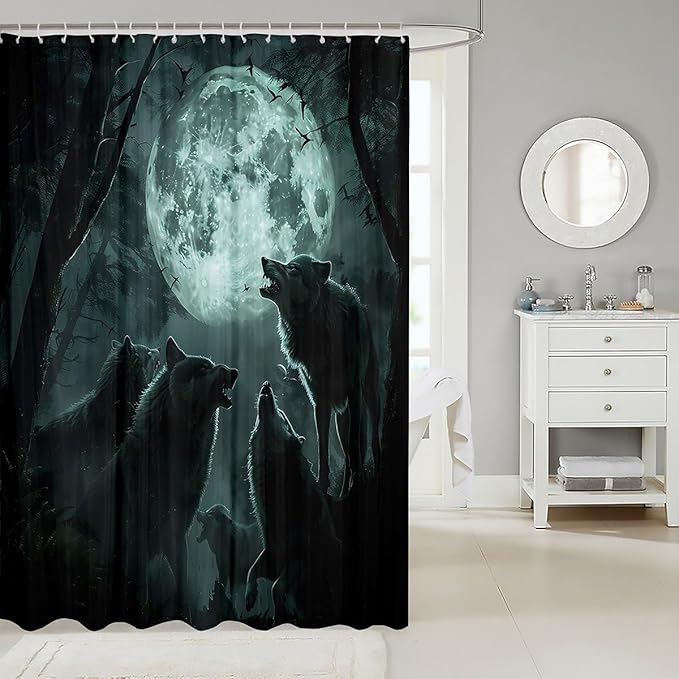 Feelyou Wolf Bath Curtain Wolves Howling Shower Curtain for Boys Girls Natural woles Bathroom Shower Curtain Set Animal Wolves Kids Bathroom Accessories 72"x72"