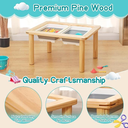 FUNLIO Wooden Sensory Table with 2 Bins for Toddlers 1-5, 4-Level Height Adjustable Kids Sensory Table with Anti-Warping Plywood Lid, Indoor/Outdoor Play Sand and Water Table, CPC Certified