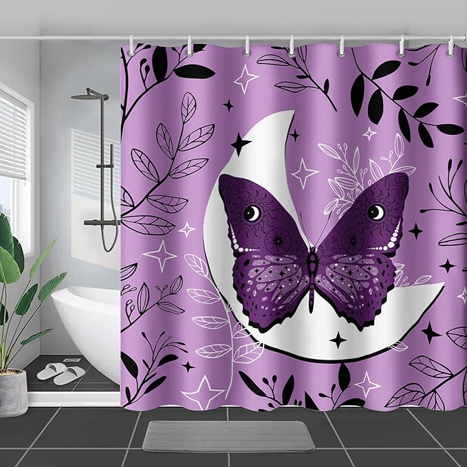 AILONEN Butterfly Shower Curtain for Bathroom Sun and Moon Purple Boho Bath Curtain 72" W*78" H Polyester Fabric Waterproof Bathroom Curtain with 12 Hooks