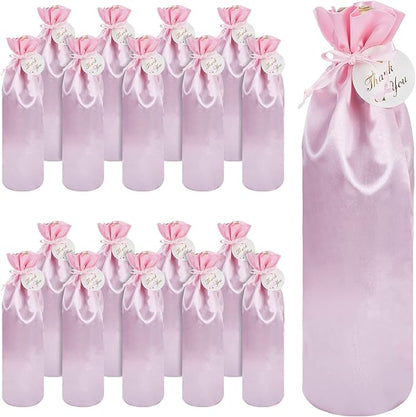 PLIGREAT 20 Pcs Satin Wine Bags Pink Wine Gift Bags with Drawstrings and Tags, Wine Bottle Bags Reusable Covers for Wedding, Birthday, Dinner Party, Christmas Congrats Gift Bags, Wine Wrapping Bags
