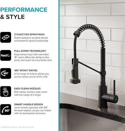 Kraus KPF-1610MB Bolden 18-Inch Commercial Kitchen Faucet with Dual Function Pull-Down Sprayhead in all-Brite Finish, 18 inch, Matte Black