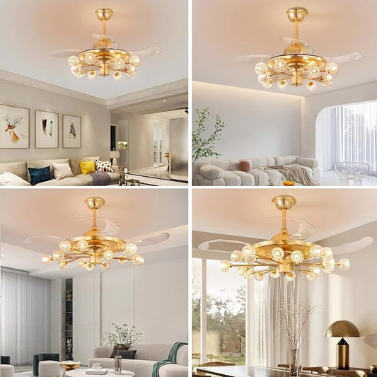 48" Chandelier Ceiling Fans with Lights: 15-Light Sputnik Crystal Ceiling Fan Chandelier - Modern Retractable Fandelier Ceiling Fan for Living Dining Room Bedroom - Gold Fandelier with Lights