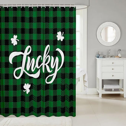 Happy St. Patrick's Day Kids Shower Curtains,Leaf Irish Holiday Bathroom Curtains for Girls Boys,Geometric Grids Checkered Patchwork Green Retro Waterproof Curtains,12 Hooks Suits,72"W x 72"L