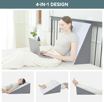 Bed Wedge Pillow, 10" 24" 24" Triangle Pillow Wedge, Cooling Memory Foam Top, Elevated Support Wedge Pillow for Relieving Acid Reflux, Heartburn, Snoring and GERD