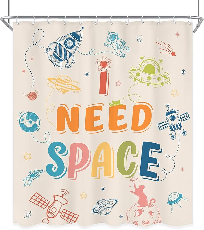 Kids Shower Curtain 60Wx72L Inch Funny Space Quotes Toddler Planet Cartoon Cute Universe Galaxy Boys Girls Nursery Colorful Bathroom Set Bath Curtain Bathtub Accessories Home Decor