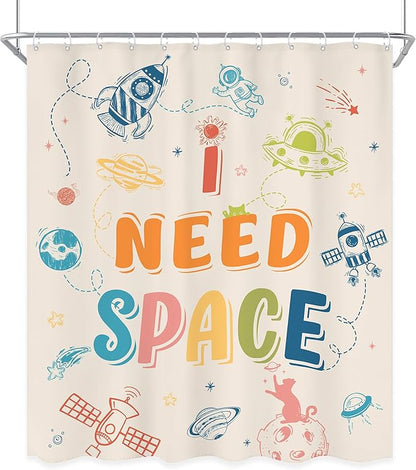 Kids Shower Curtain 60Wx72L Inch Funny Space Quotes Toddler Planet Cartoon Cute Universe Galaxy Boys Girls Nursery Colorful Bathroom Set Bath Curtain Bathtub Accessories Home Decor