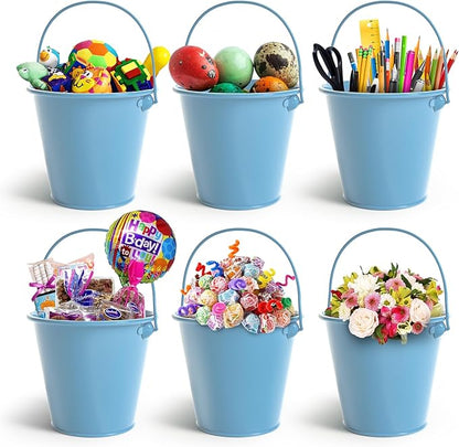 Small Metal Buckets with Handle 6 Pcs – Galvanized Bucket Leak Proof & Rust Resistant 20 fl oz Capacity - Best for Party Décor, Organizing & Decorating Classrooms (Blue, Small 4.3" Top)