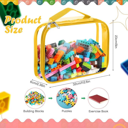 Sanwuta 3 Packs Toy Storage Bags with Zipper, Clear PVC Organizing Bags, Waterproof Toy Bags for Board Games, Building Blocks, Toys and Kids Books (Red, Yellow, Orange,10.24 x 7.09 x 2.36 Inch)