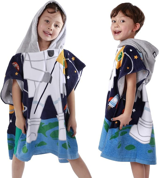 Kids Hooded Beach Bath Towel, Baby Surf Poncho Toddlers Soft Real Cotton Wrap Hooded Towels for Kids Boy Girl