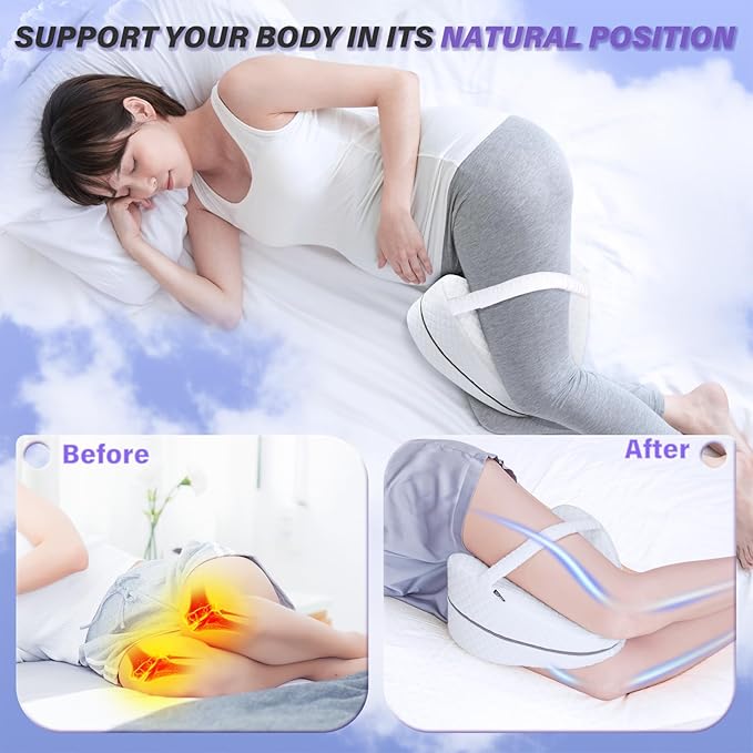 SAHEYER Knee Pillow for Side Sleepers, Memroy Foam Leg Pillow for Side Sleeping, Leg Elevation Pillow, Washable Cover Hip Pillow for Sciatica Relief, Post Injury Recovery - with Adjustable Strap