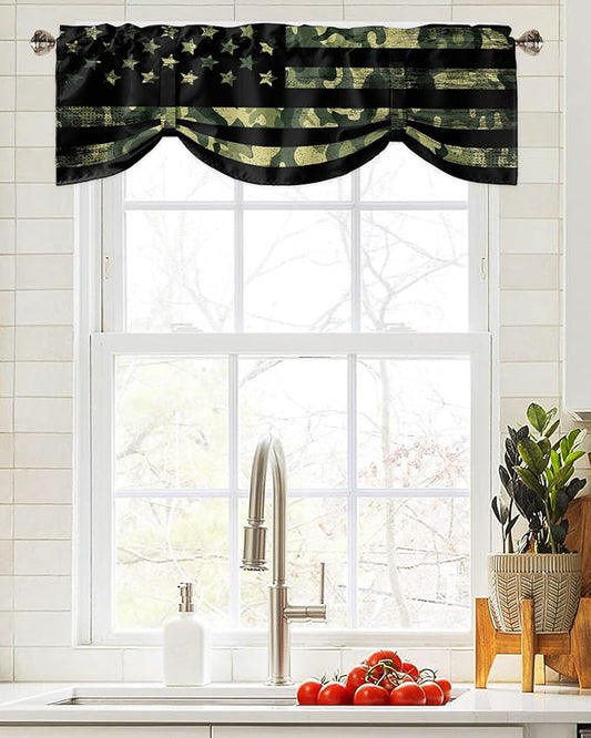 Rustic Green Camo Military Pattern American Flag Blackout Tie Up Valance Curtains for Kitchen Windows Camouflage Window Toppers Balloon Shades for Living Room/Bathroom/Bedroom,1 Panel,54" X 18"