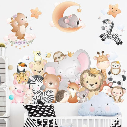 Cartoon Animal Wall Stickers Animal World Elephant Lion Zebra Tiger Giraffe Wall Decals for Kids Baby Nursery Playroom Bedroom Classroom Kindergarten Wall Decor